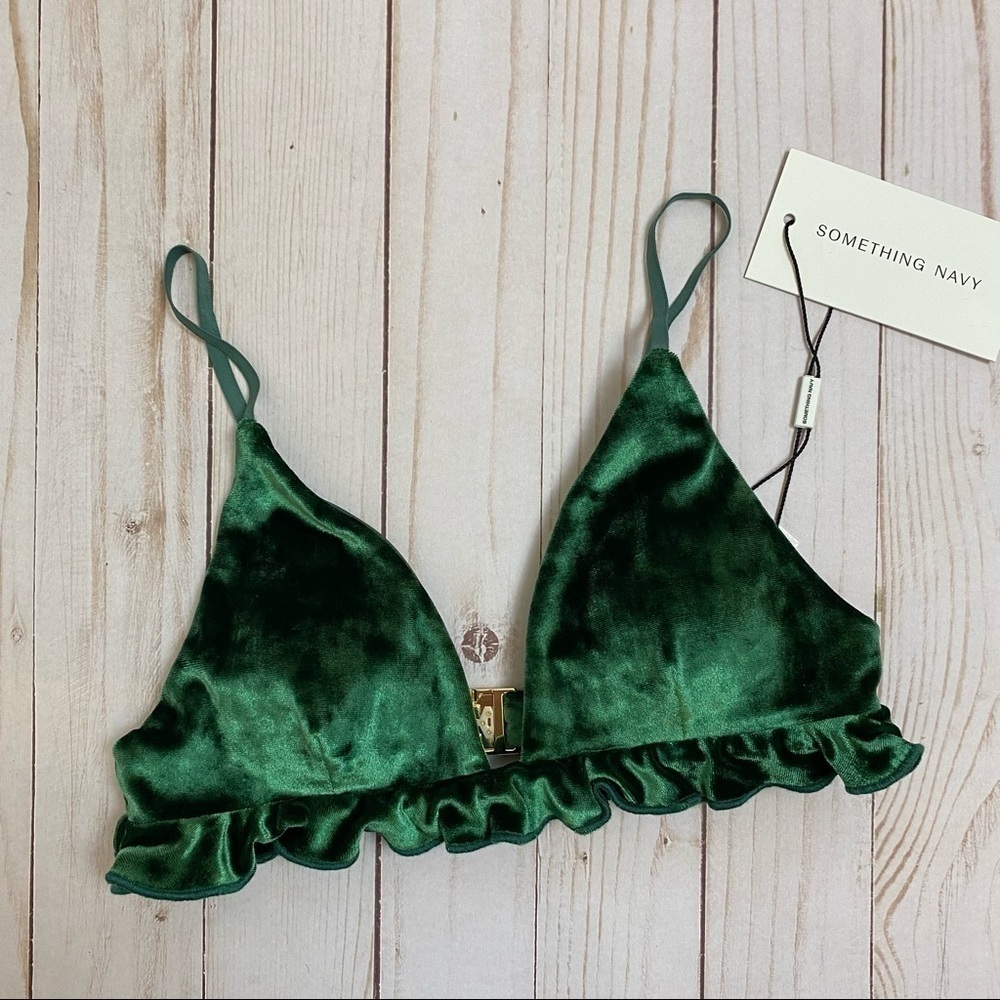Something Navy Velvet Ruffle Bikini Top Size XXS